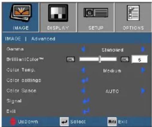 IMAGE | Advanced Gamma BrilliantColor™ Color Temp. Color settings Color Space Signal Exit Standard Medium AUTO UpDown Select Next Exit!