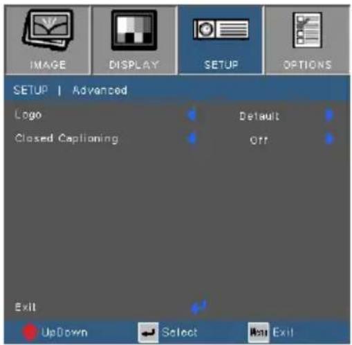 IMAGE DISPLAY SETUP OPTIONS SETUP | Advanced Logo Closed Captioning Default Off Exit UpDown Select Next Exit