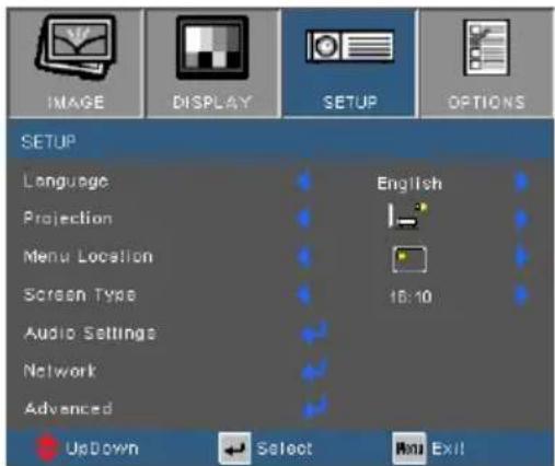 IMAGE DISPLAY SETUP OPTIONS SETUP Language English Projection Menu Location Screen Type 15:10 Audio Settings Network Advanced UpDown Select Run Exit