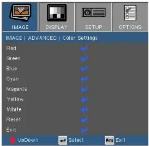 IMAGE | ADVANCED | Color Settings Red Green Blue Cyan Magenta Yellow White Reset Exit UpDown Select Run Exit
