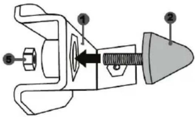 Technical diagram of a mechanical clamp or clamp assembly with labeled parts 1, 2, and 5