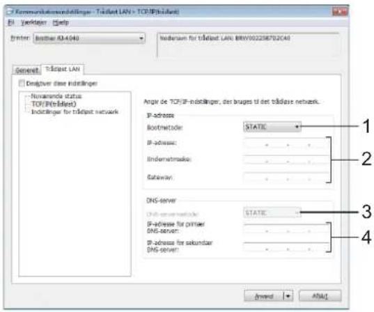 F - Communication network - Trädtet LAN = TCP/IP(trädtet) E1 - Terkitser Help Enter: Bostner AD-040 Nordensum for Trädtet LAN: BWV002256702C4 General Trädtet LAN □ Designer diese indistänger - Neuranda status TCP/IP(trädtet) Indistänger for Trädtet network Angle de TCP/IP-indistänger, der bruges til det trädtet network. IP-adress: Bostnettoile: STATIC IP-adress: Undermatraks: Dataway: DNS-server IP-adress for primer DNS-server: IP-adress for sekundar DNS-server: Anend AnEnd 1 2 3 4