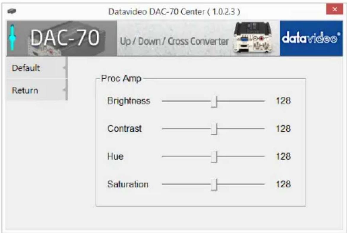 Datavideo DAC-70 Center ( 1.0.2.3 ) Up / Down / Cross Converter default Return Proc Amp Brightness ———— 128 Contrast ———— 128 Hue ———— 128 Saturation ———— 128