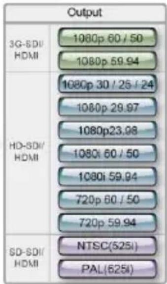 Output 3G-SDI/ HDMI 1080p 60 / 50 1080p 59.94 HD-SDI/ HDMI 1080p 30 / 25 / 24 1080p 29.97 1080p23.98 1080i 60 / 50 1080i 59.94 720p 60 / 50 720p 59.94 SD-SDI/ HDMI NTSC(525i) PAL(625i)