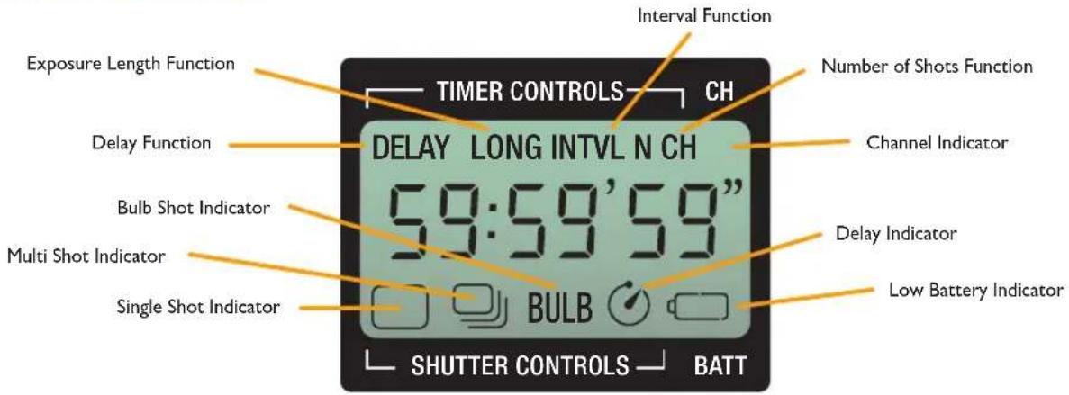 Exposure Length Function Timer CONTROLS CH Number of Shots Function Delay Function DELAY LONG INTVL N CH Channel Indicator Bulb Shot Indicator 59:59'59" Delay Indicator Multi Shot Indicator Single Shot Indicator BULB Low Battery Indicator SHUTTER CONTROLS BATT