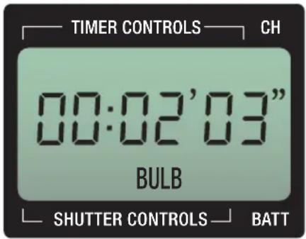 TIMER CONTROLS CH 00:02'03" BULB SHUTTER CONTROLS BATT