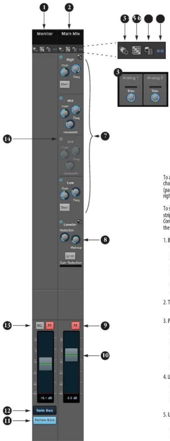 Monitor Main Mix High Gize Freq Shelf Mid Gize Freq Randomize Mid Gize Freq Randomize Low Gain Freq Shell Leveler Reduction Makeup Limit Gain Reduction 13 SC M M -16.1 dB -8.8 dB 12 Solo Bus Follow Solo 11 3 5 6 Analog 1 Analog 2 Trim Trin To a cha (pa right) strip Con the 1. B 2. T 3. P 4. U 5. U