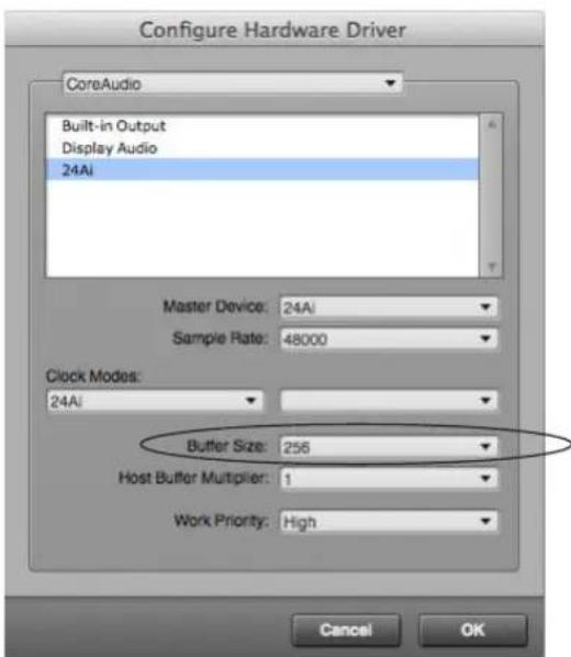 Configure Hardware Driver CoreAudio Built-in Output Display Audio 24AI Master Device: 24AI Sample Rate: 48000 Clock Modes: 24AI Buffer Size: 256 Host Buffer Multiplier: 1 Work Priority: High Cancel OK