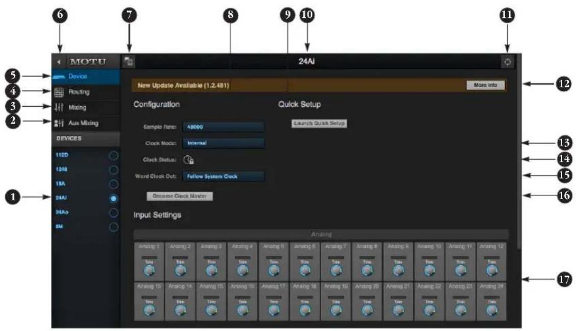 6 7 8 9 10 11 MOTU Device Routing Mixing Aux Mixing 24AI New Update Available (1.2.4B1) More info Configuration Sample Rate: 48000 Clock Mode: Internal Quick Setup Launch Quick Setup Clock Status: Word Clock Out: Follow System Clock Become Clock Master Input Settings Analog Analog 1 Analog 2 Analog 3 Analog 4 Analog 5 Analog 6 Analog 7 Analog 8 Analog 9 Analog 10 Analog 11 Analog 12 Analog 13 Analog 14 Analog 15 Analog 16 Analog 17 Analog 18 Analog 19 Analog 20 Analog 21 Analog 22 Analog 23 Analog 24