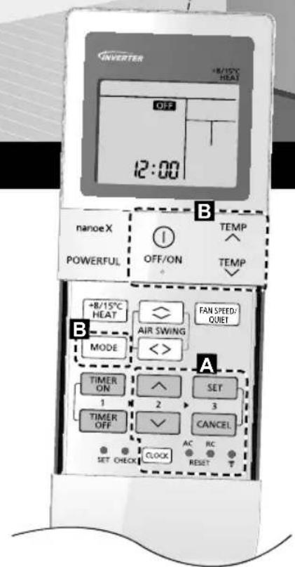 INVERTER +8/15°C HEAT OFF 12:00 B nanoe X POWERFUL OFF/ON TEMP TEMP B +8/15°C HEAT MODE A FAN SPEED/ QUIET AIR SWING <>> A TIMER ON 1 2 SET 3 TIMER OFF ✓ CANCEL SET CHECK CLOCK AC RC RESET
