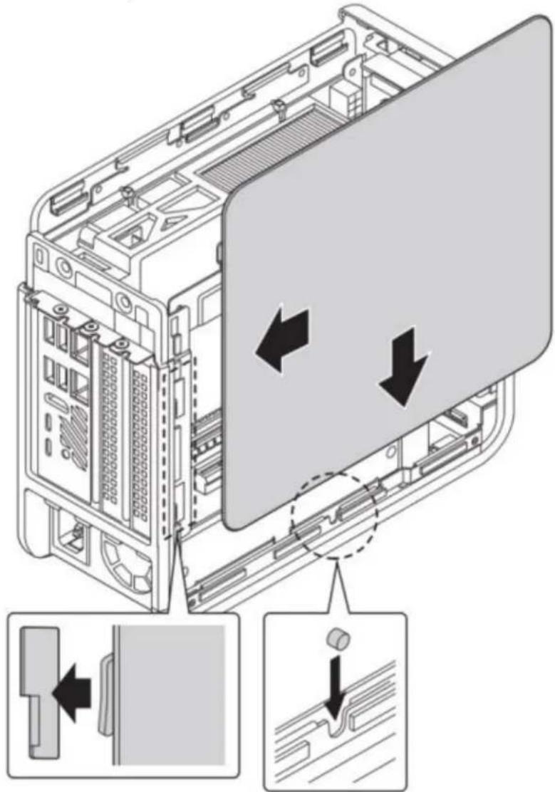 Technical diagram of a server rack with labeled internal components and directional arrows indicating movement or assembly.