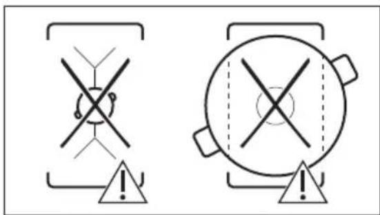Warning symbol diagram showing crossed warning signs and triangular warning symbols with exclamation marks