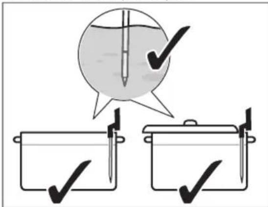 Diagram showing a cooking step with checkmarks and a speech bubble containing liquid, likely illustrating a cooking or inspection procedure.