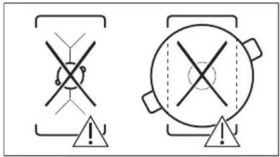 Two warning symbols with crosshairs and triangular warning elements, one containing a circular symbol and the other a circular symbol with an exclamation mark.