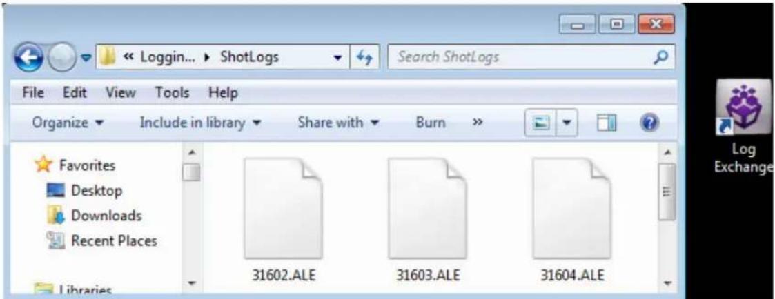 << Login... ► ShotLogs Search ShotLogs File Edit View Tools Help Organize Include in library Share with Burn Favorites Desktop Downloads Recent Places 31602.ALE 31603.ALE 31604.ALE Log Exchange