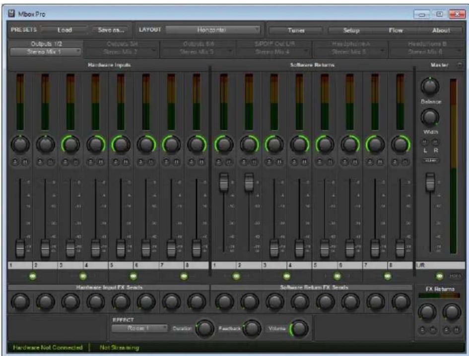 Mbox Pro PRE SETS Load Save on... LAYOUT Hotspot Turner Setup Flow About Outputs 1/2 Outputs 3/4 Outputs 5/6 SPOF Out LR Headphone A Headztons B Stereo Mix 1 Stereo Mix 2 Stereo Mix 3 Stereo Mix 4 Stereo Mix 5 Stereo Mix 6 Hardware Inputs Software Returns Master Balance Width L R 1 2 3 4 5 6 7 8 9 10 11 12 13 14 15 16 17 18 19 20 21 22 23 24 25 26 27 28 29 30 31 32 33 34 35 36 37 38 39 40 41 42 43 44 45 46 47 48 49 50 51 52 53 54 55 56 57 58 59 60 Hardware Input FX Seeds Software Return FX Seeds FX Returns EFFECT Room 1 Curation Feedback Volates Hardware Not Connected Not Streaming