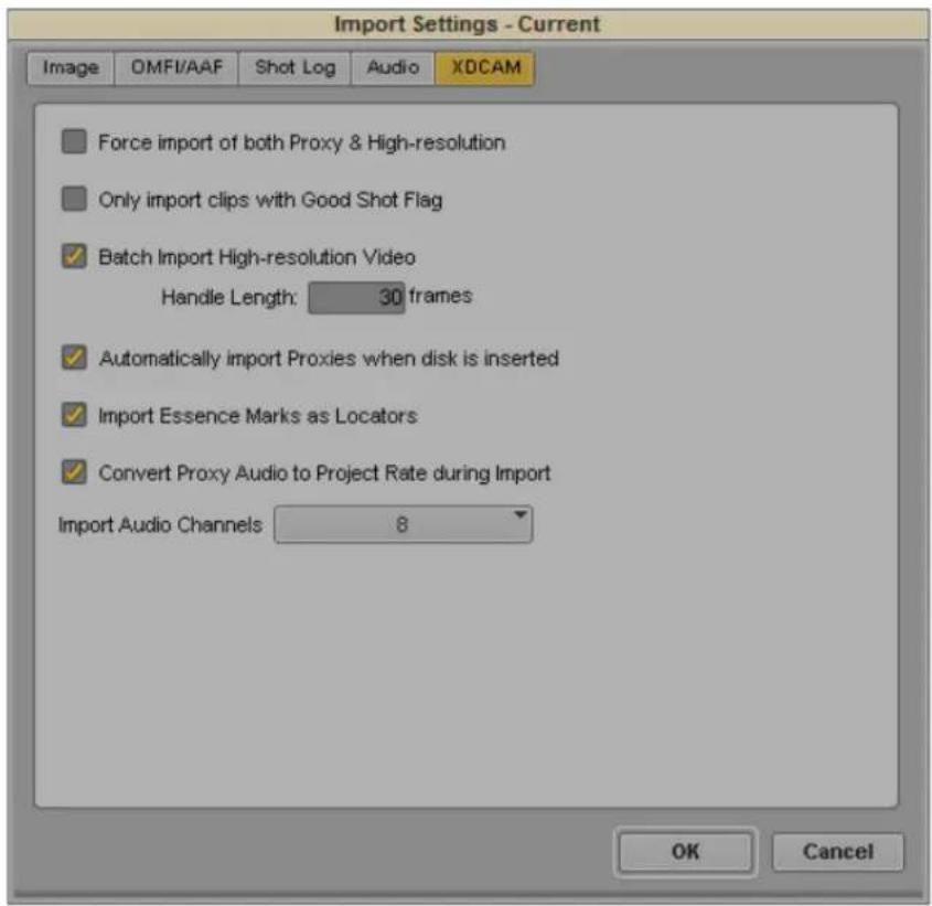 Import Settings - Current Image OMFI/AAF Shot Log Audio XDCAM Force import of both Proxy & High-resolution Only import clips with Good Shot Flag ✓ Batch Import High-resolution Video Handle Length: 30 frames ✓ Automatically import Proxies when disk is inserted ✓ Import Essence Marks as Locators ✓ Convert Proxy Audio to Project Rate during Import Import Audio Channels: 8 OK Cancel