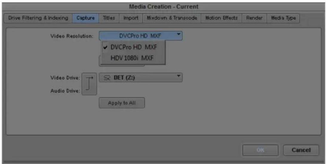 Media Creation - Current Drive Filtering & Indexing Capture Titles Import Mixdown & Transcode Motion Effects Render Media Type Video Resolution: DVCPro HD MXF ✓ DVCPro HD MXF HDV 1080i MXF Video Drive: DET (Z:) Audio Drive: Apply to All OK Cancel