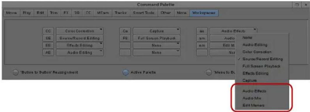 Command Palette Move Play Edit Tim FY 3D CC MCam Trocks Smart Tools Other More Workspaces CC Color Correction Ca Capture as Audio Effects SE Sources/Record Editing F8 Full Screen Playback sm Audio None EE Effects Editing None framesEdit M Color Correction AE Audio Editing None 'Button to Button' Reassignment Active Palette 'Menu to Be ✓ Source/Record Editing Full Screen Playback Effects Editing Capture Audio Effects Audio Mix Edit Meners