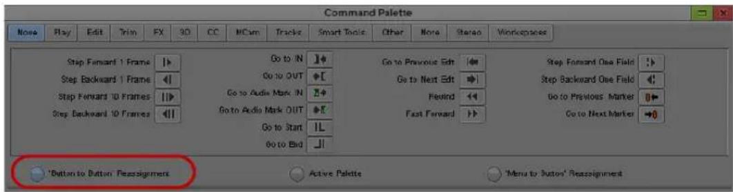 Command Palette Noise Play Edit Trim FX 3D CC MCum Tracks Smart Tools Other None Stabo Workupsess Step Fendant 1 Frame Go to IN Go to Previous Edit Step Forward One Field Step Backward 1 Frame Go to OUT Go to Next Edit Step Backward One Field Step Forward 10 Frames Go to Audio Mark IN Find Go to Previous Marker Step Backward 10 Frames Go to Audio Mark OUT Fast Forward Co to Next Marker Go to Start IL Go to End 'Button to Button' Reassignment Active Palette 'Menu to Button' Reassignment