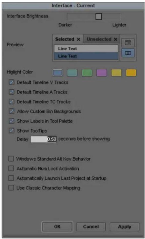 Interface - Current Interface Brightness Darker Lighter Preview Selected × Unselected × Line Text Line Text Highlight Color Default Timeline V Tracks Default Timeline A Tracks Default Timeline TC Tracks Allow Custom Bin Backgrounds Show Labels in Tool Palette Show ToolTips Delay 0.50 seconds before showing Windows Standard Alt Key Behavior Automatic Num Lock Activation Automatically Launch Last Project at Startup Use Classic Character Mapping OK Cancel Apply