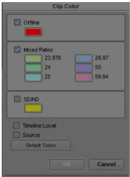 Clip Color Offline Mixed Rates 23.976 29.97 24 50 25 59.94 SD/HD Timeline Local Source Default Colors OK Cancel