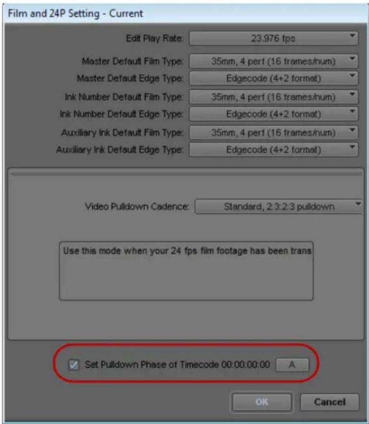 Film and 24P Setting - Current Edit Play Rate: 23.976 fps Master Default Film Type: 35mm, 4 perf (16 frames/hum) Master Default Edge Type: Edgecode (4+2 format) Ink Number Default Film Type: 35mm, 4 perf (16 frames/hum) Ink Number Default Edge Type: Edgecode (4+2 format) Auxiliary Ink Default Film Type: 35mm, 4 perf (16 frames/hum) Auxiliary Ink Default Edge Type: Edgecode (4+2 format) Video Pulldown Cadence: Standard, 2:3:2:3 pulldown Use this mode when your 24 fps film footage has been trans ✓ Set Pulldown Phase of Timecode 00:00:00:00 A OK Cancel