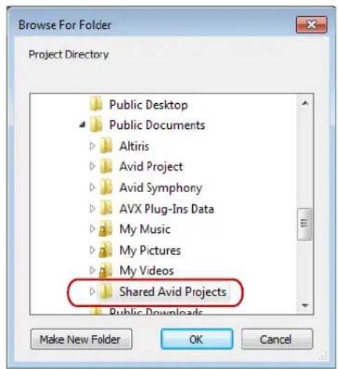 Browse For Folder Project Directory Public Desktop Public Documents Altiris Avid Project Avid Symphony AVX Plug-Ins Data My Music My Pictures My Videos Shared Avid Projects Public Downloads Make New Folder OK Cancel
