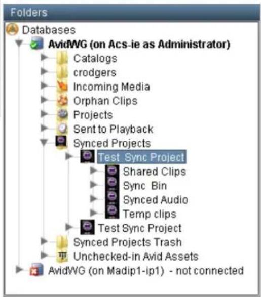 Folders Databases AvidWG (on Acs-ie as Administrator) Catalogs croders Incoming Media Orphan Clips Projects Sent to Playback Synced Projects Test Sync Project Shared Clips Sync Bin Synced Audio Temp clips Test Sync Project Synced Projects Trash Unchecked-in Avid Assets AvidWG (on Madip1-ip1) - not connected