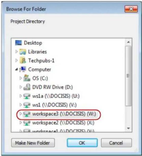 Browse For Folder Project Directory Desktop Libraries Techpubs-1 Computer OS (C:) DVD RW Drive (D:) ws1a (\DOCISIS) (U:) ws1 (\DOCISIS) (V:) workspace3 (\DOCISIS) (W:) workspace2 (\DOCISIS) (X:) workspace1 (\DOCISIS) (X:) Make New Folder OK Cancel