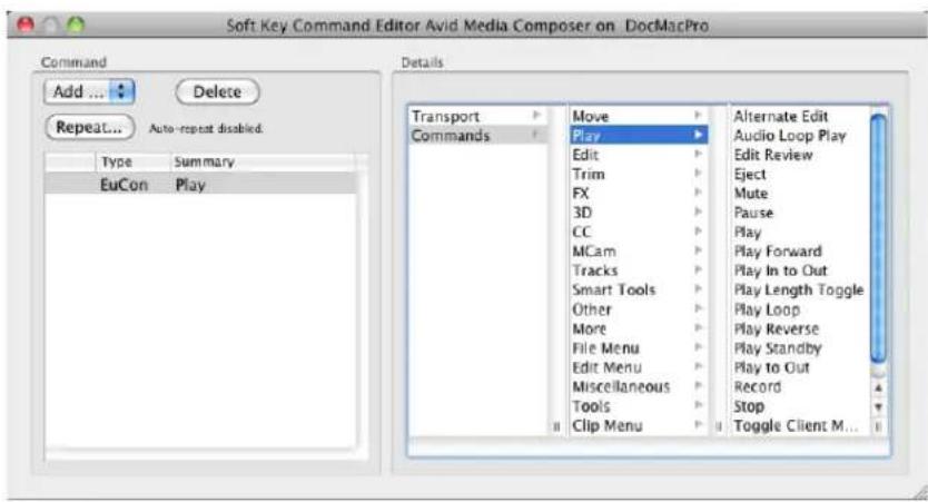 Soft Key Command Editor Avid Media Composer on DocMacPro Command Add ... Delete Repeat... Auto-repeat disabled. Type Summary EuCon Play Details Transport Commands Move Play Edit Trim FX 3D CC MCam Tracks Smart Tools Other More File Menu Edit Menu Miscellaneous Tools Clip Menu Alternate Edit Audio Loop Play Edit Review Eject Mute Pause Play Play Forward Play In to Out Play Length Toggle Play Loop Play Reverse Play Standby Play to Out Record Stop Toggle Client M...