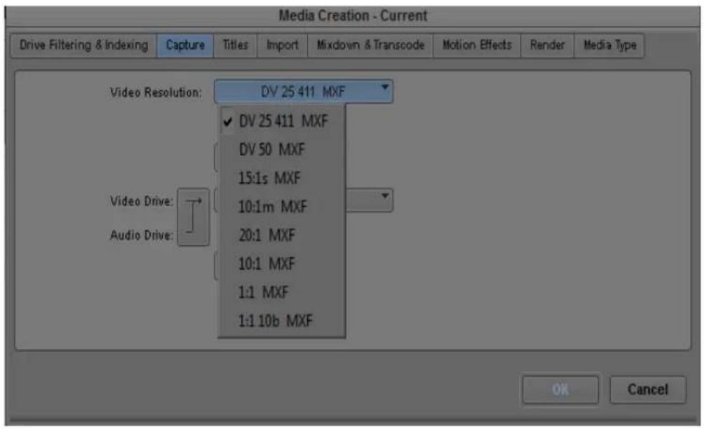 Media Creation - Current Drive Filtering & Indexing Capture Titles Import Mixdown & Transcode Motion Effects Render Media Type Video Resolution: DV 25 411 MXF ✓ DV 25 411 MXF DV 50 MXF 15:1s MXF 10:1m MXF 20:1 MXF 10:1 MXF 1:1 MXF 1:1 10b MXF Video Drive: Audio Drive: OK Cancel
