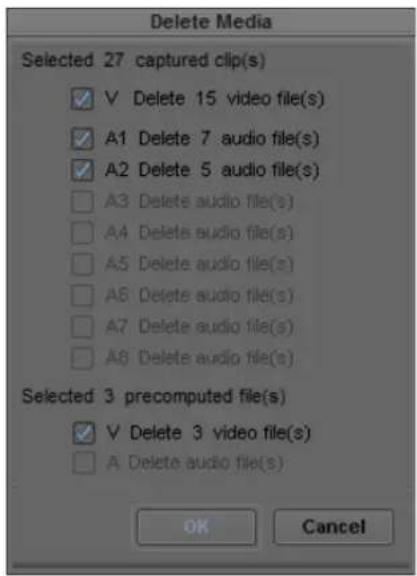 Delete Media Selected 27 captured clip(s) ✓ V Delete 15 video file(s) ✓ A1 Delete 7 audio file(s) ✓ A2 Delete 5 audio file(s) ☐ A3 Delete audio file(s) ☐ A4 Delete audio file(s) ☐ A5 Delete audio file(s) ☐ A6 Delete audio file(s) ☐ A7 Delete audio file(s) ☐ A8 Delete audio file(s) Selected 3 precomputed file(s) ✓ V Delete 3 video file(s) ☐ A Delete audio file(s) OK Cancel