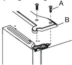 Technical diagram showing labeled components A and B with alignment indicators and a mechanical assembly detail
