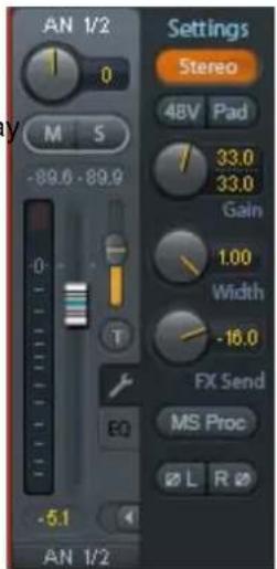 AN 1/2 Settings Stereo 48V Pad 33.0 33.0 Gain 1.00 Width -16.0 FX Send MS Proc Ø L R Ø -89.6 -89.9 0 T EQ -5.1 AN 1/2
