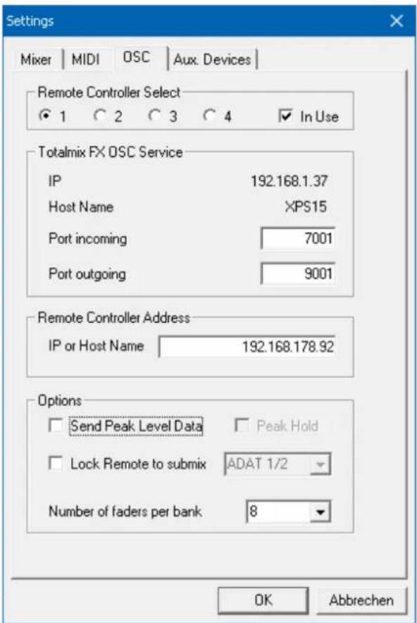 Settings Mixer | MIDI | OSC | Aux. Devices | Remote Controller Select 1 2 3 4 In Use Totalmix FX OSC Service IP 192.168.1.37 Host Name XPS15 Port incoming 7001 Port outgoing 9001 Remote Controller Address IP or Host Name 192.168.178.92 Options Send Peak Level Data Peak Hold Lock Remote to submix ADAT 1/2 Number of faders per bank 8 OK Abbrechen