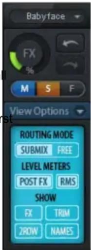 Babyface FX % M S F View Options ROUTING MODE SUBMIX FREE LEVEL METERS POST FX RMS SHOW FX TRIM 2ROW NAMES