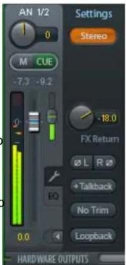 AN 1/2 Settings Stereo M CUE -7.3 -9.2 -18.0 FX Return Ø L R Ø + Taitback No Trim Loopback 0.0 HARDWARE OUTPUTS