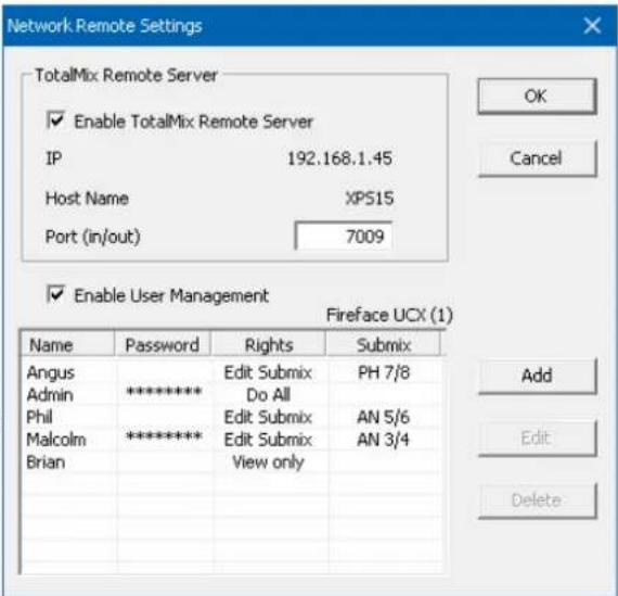 Network Remote Settings TotalMix Remote Server Enable TotalMix Remote Server IP 192.168.1.45 Host Name XPS15 Port (in/out) 7009 Enable User Management Fireface UCX (1) Name Password Rights Submix Angus Edit Submix PH 7/8 Admin Do All Phil Edit Submix AN 5/6 Malcolm Edit Submix AN 3/4 Brian View only Add Edit Delete
