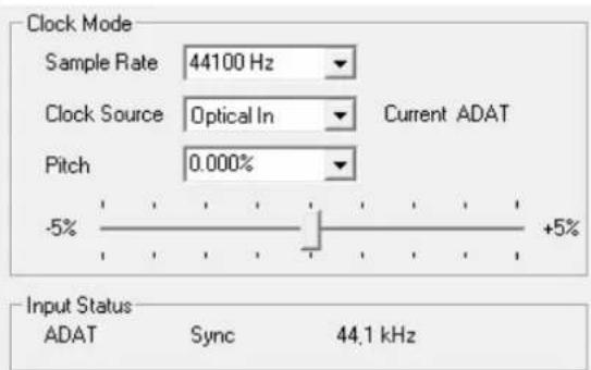 Clock Mode Sample Rate 44100 Hz Clock Source Optical In Current ADAT Pitch 0.000% -5% +5% Input Status ADAT Sync 44.1 kHz