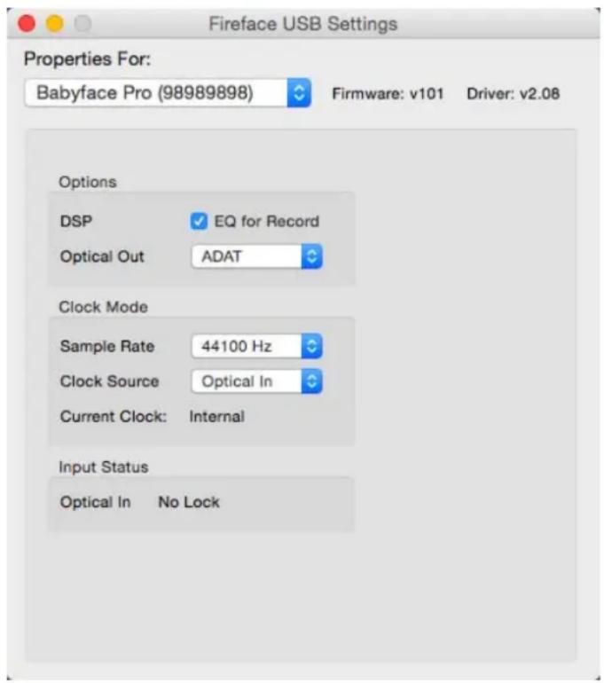 Fireface USB Settings Properties For: Babyface Pro (98989898) Firmware: v101 Driver: v2.08 Options DSP EQ for Record Optical Out ADAT Clock Mode Sample Rate 44100 Hz Clock Source Optical In Current Clock: Internal Input Status Optical In No Lock