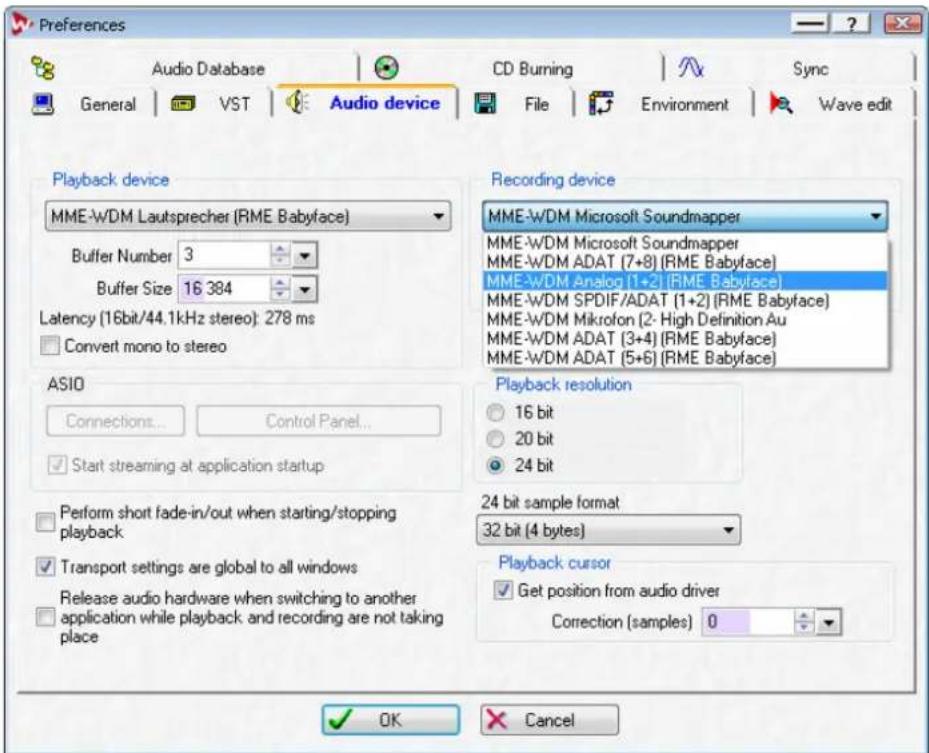 Preferences Audio Database General VST Audio device CD Burning Sync File Environment Wave edit Playback device MME-WDM Lautsprecher (RME Babyface) Buffer Number 3 Buffer Size 16 384 Latency (16bit/44.1kHz stereo): 278 ms Convert mono to stereo Recording device MME-WDM Microsoft Soundmapper MME-WDM Microsoft Soundmapper MME-WDM ADAT (7+8) [RME Babyface] MME-WDM Analog (1+2) [RME Babyface] MME-WDM SPDIF/ADAT (1+2) [RME Babyface] MME-WDM Mikrofon (2- High Definition Au MME-WDM ADAT (3+4) [RME Babyface] MME-WDM ADAT (5+5) [RME Babyface] ASIO Connections... Control Panel... Start streaming at application startup Playback resolution 16 bit 20 bit 24 bit Perform short fade-in/out when starting/stopping playback Transport settings are global to all windows Release audio hardware when switching to another application while playback and recording are not taking place 24 bit sample format 32 bit (4 bytes) Playback cursor Get position from audio driver Correction (samples) 0 OK Cancel