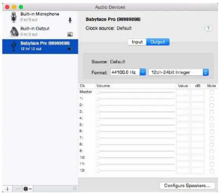 Audio Devices Built-in Microphone 2 in/0 out Built-in Output 0 in/2 out Babyface Pro (98989898) 12 in/12 out Babyface Pro (98989898) Clock source: Default Input Output Source: Default Format: 44100.0 Hz - 12ch-24bit Integer Ch Volume Value dB Mute Master 1: 2: 3: 4: 5: 6: 7: 8: 9: 10: 11: 12: Configure Speakers...