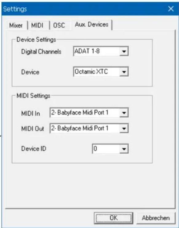 Settings Mixer | MIDI | OSC | Aux. Devices | Device Settings Digital Channels ADAT 1-8 Device Octamic XTC MIDI Settings MIDI In 2-Babyface Midi Port 1 MIDI Out 2-Babyface Midi Port 1 Device ID 0 OK Abbrechen