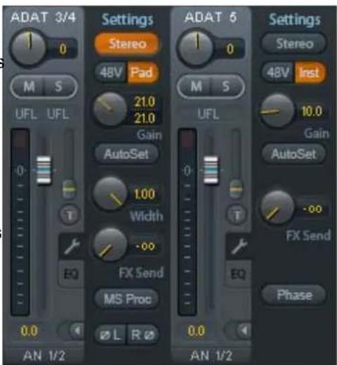 ADAT 3/4 Settings Stereo 48V Pad 21.0 21.0 Gain AutoSet 1.00 Width -00 FX Send MS Proc EQ L R Ø AN 1/2 ADAT 6 M S UFL UFL 0.0 AN 1/2 ADAT 6 M S UFL 0.0 AN 1/2 Settings Stereo 48V Inst 10.0 Gain AutoSet -00 FX Send EQ Phase