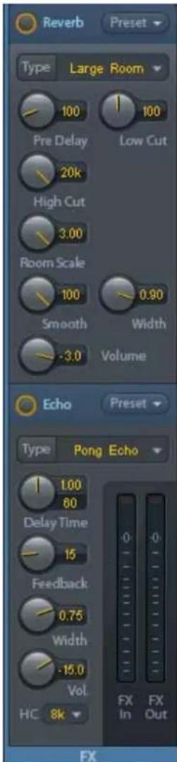Reverb Preset Type Large Room 100 100 Pre Delay Low Cut 20k High Cut 3.00 Room Scale 100 0.90 Smooth Width -3.0 Volume Echo Preset Type Pong Echo 1.00 0 0 60 Delay Time 15 Feedback 0.75 Width -15.0 Vol HC 8k FX FX In Out FX