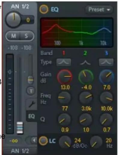 AN 1/2 0 M S -108 -108 EQ Preset 100 1k 10k Band 1 2 3 Type Gain dB 13.0 -4.0 7.0 Freq Hz 77 3.0k 10.0k Q 0.9 1.0 0.7 LC 24 20 dB/0c Hz AN 1/2