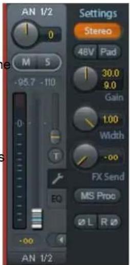 AN 1/2 0 M S -95.7 -110 Settings Stereo 48V Pad 30.0 9.0 Gain 1.00 Width -∞ FX Send MS Proc Ø L R Ø EQ -∞ AN 1/2