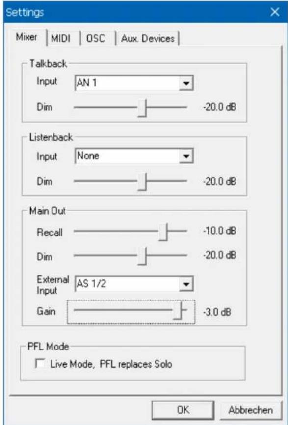Settings Mixer | MIDI | OSC | Aux. Devices | Talkback Input AN 1 Dim -20.0 dB Listenback Input None Dim -20.0 dB Main Out Recall -10.0 dB Dim -20.0 dB External AS 1/2 Input Gain -3.0 dB PFL Mode Live Mode, PFL replaces Solo OK Abbrechen