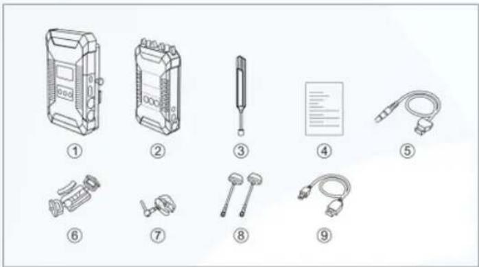 Illustration of nine different electronic device components with numbered labels, including a battery case and cable connectors.